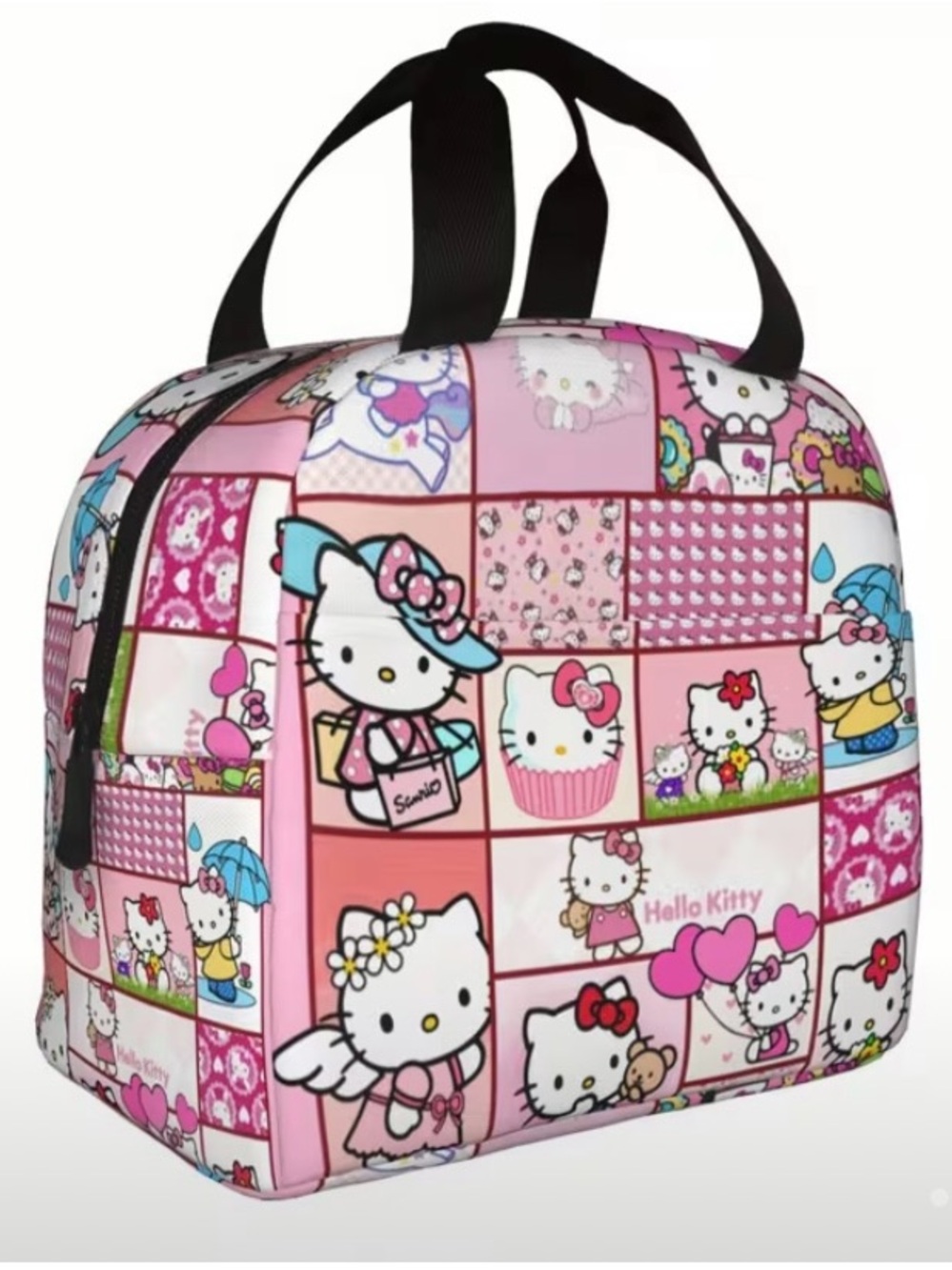 Sanrio Hello Kitty Pink Patchwork Tote Lunch Bag with Black Handles
